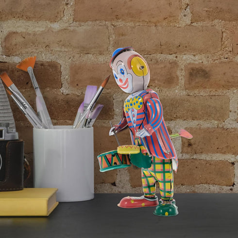 STOBOK Wind up Tinplate Drumming Clown Toy, Retro Collectible for Home and Office Decor
