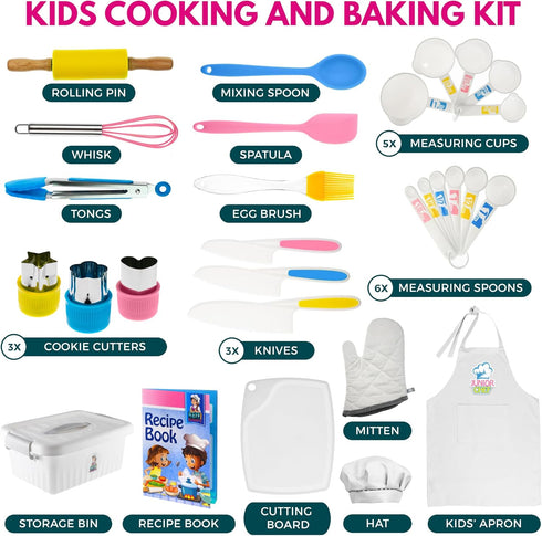 KEFF Kids Cooking and Baking Sets for Girls, Boys, Toddler - Real Kitchen Utensils with Kid Safe Knives, Apron, Chef Hat, Cutting Board, Recipe Book & More - 20pcs Multicolored Kit