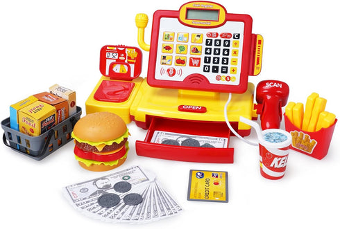 FS Toy Cash Register for Kids, True Barcode Scanner & Calculator, Pretend Play Shopping Set for Ages 3-8