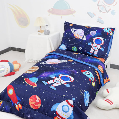 Set Set, 4 Sets SWESEN Toddler Bedding for Boys, Blue Space Toddler Boy Bedding Soft & Lightweight Piece Toddler