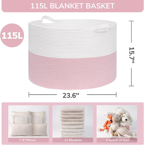 115L INDRESSME Extra Large Pink Laundry Basket for Nursery Stuffed Animal Storage, Blanket Rope Baby Baskets Kids Toy