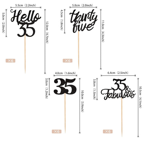 24 PCS 35th Birthday Cupcake Toppers, Hello 35 Cake Topper Thirty Five & Fabulous Cupcake Picks Decorations