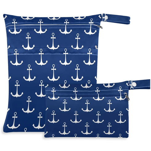 visesunny Classic Anchor Dark Blue 2Pcs Wet Bag with Zippered Pockets Washable Reusable