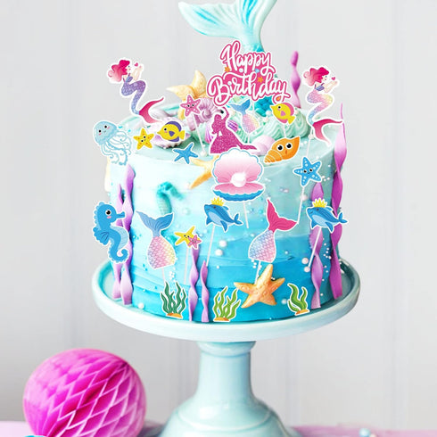 DPKOW 23pcs Iridescent Mermaid Birthday Cake Toppers, Ocean-Themed Cupcake Toppers for Kids Birthdays & Baby Showers