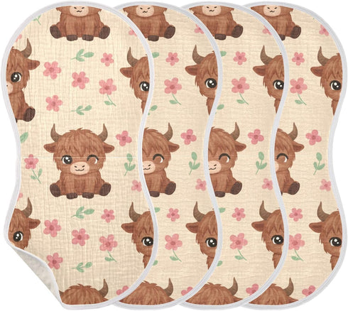 FUQIUMI 4 22"x 11" Highland Cow Animal Floral Print Muslin Burp Cloths for Babies,Soft Cotton Layer Burping Cloths