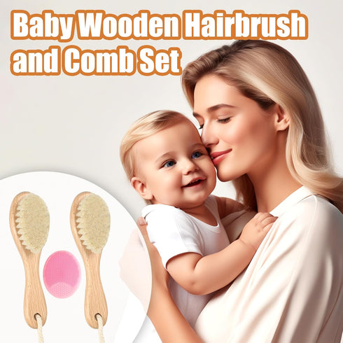 Set, 2Pcs Wooden Baby Hair Brush and Comb Natural Soft Goat Bristles Brush with Baby Shower Scrubber Perfect Scalp