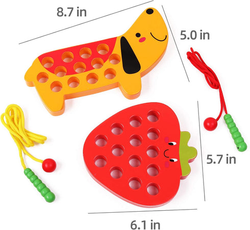 Wooden Threading Toys for 3 Year Olds, Fine Motor Skill Educational Montessori Travel Toy, 1 Strawberry & 1 Dog