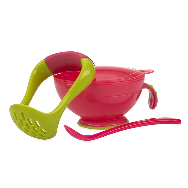 Nuby Garden Fresh Mash N' Feed Bowl with Spoon and Food Masher, Red/Green