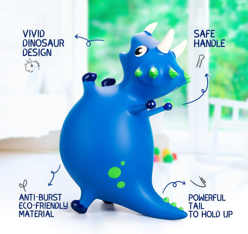 Bouncy Dinosaur Hopper - Inflatable Dino Bouncing Animal for Toddlers, Navy Blue Ride On Toy with Pump for 4-8 Year Olds
