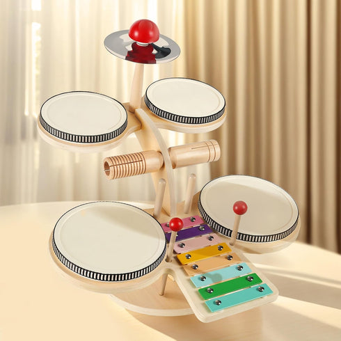 iPlay, iLearn Toddler Wooden Drum Set, Kids Musical Instruments Toy, 8 in