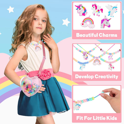 FLYINGSEEDS Unicorn Jewelry Making Kit, 5 Rubber Necklaces and Charms with 100 Big Holes Beads Toy Set, Beading Arts and Crafts, Ideal Gifts for Girls Preschoolers Toddlers Kids Age 3 4 5 6 7 8 9 10 by FLYINGSEEDS