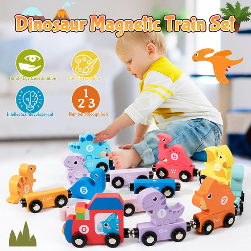 AquaArcc 1-3, Set 1 2 3 Toddler Boy Toys Age Dinosaur Toy Wooden Magnetic Train with Playmat/Storage Bag for Baby Boy