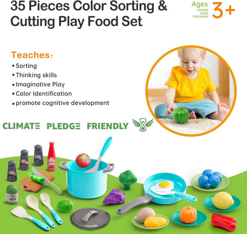 35Pcs Playset Set, Kids Kitchen Toy Accessories, Toddler Pretend Cooking with Play Pots, Pans, Utensils, Cookware, Play