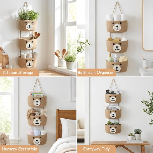 Yiyiring 3-Tier Closet Cute Bear Hanging Baskets, Woven Cotton Wall Mounted Storage Organizer, Decorative Storage