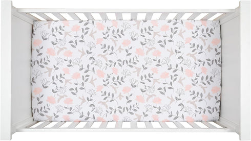 100% Lambs & Ivy Petals White/Pink/Gray Floral Cotton Fitted Crib/Toddler Sheet