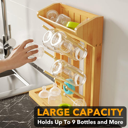 9 SpaceAid Bamboo Baby Bottle Drying Rack, Space Saving Kitchen Bottles Holder Organizer for Baby Bottle Rack Dryer