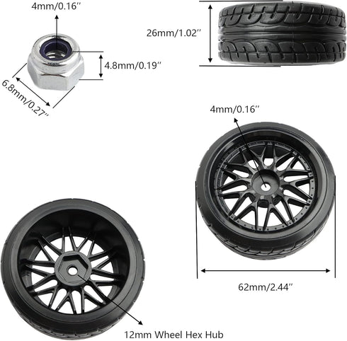 4PCS 12mm Hub Wheels for 1:10 RC Drift Cars, 62mm Hard Plastic On Road Racing Tires (Black)