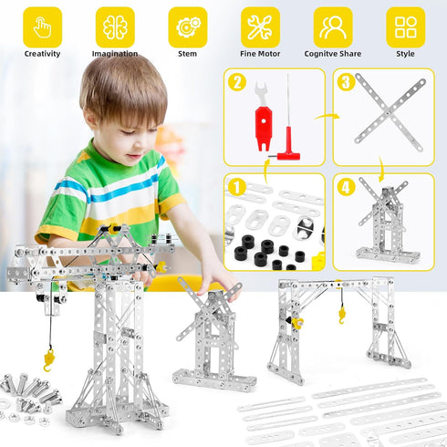 Building Toys Model Set, 3 in 1 Metal Model Kit - Tower Crane, Frame Crane & Windmill, DIY Building STEM Projects