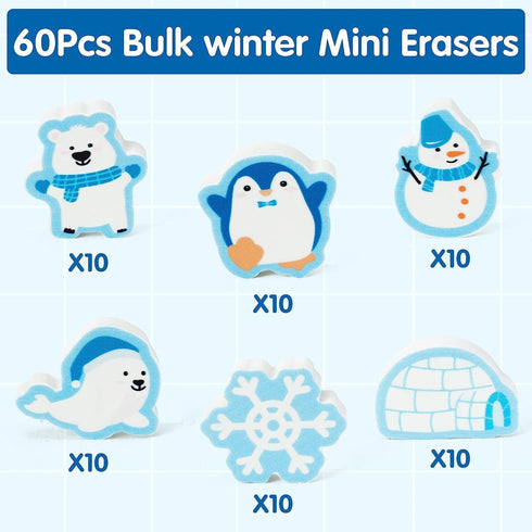 Haooryx 60Pcs Polar Animals Mini Erasers, Bulk Novelty Pencil Erasers, 3D Desk Puzzle for Classroom Prizes