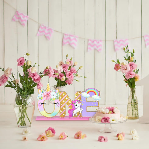 Unicorn One Letter Sign for 1st Birthday - Wooden Table Centerpiece Rainbow Party Decor & Photo Shoot Prop