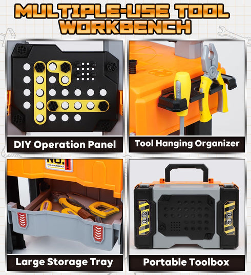 2-in-1 Toolbox 3-5, Lehoo Castle Kids Tool Bench with Electric Drill and Construction Vehicles, Workbench