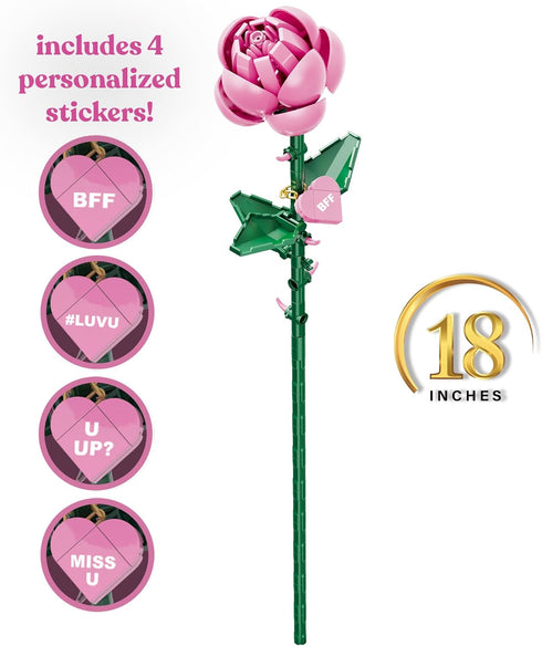 Set, 102 18 Inch 8+ Brickcraft Bricktanicals Pink Long Stem Rose Building Pieces, Buildable Flower, Romantic Valentines