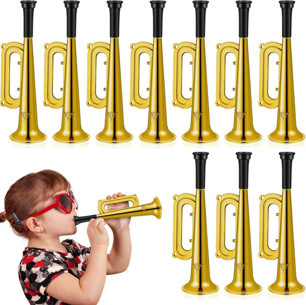 Poen 12 Pcs Mini Metallic Trumpet Toy Set, 7 Inch Plastic Noise Makers for Kids Events & Music Class (Gold)