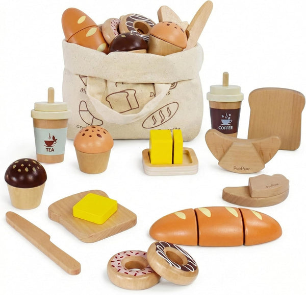 PairPear Wooden Bakery Play Food Set, Pretend Play Kitchen Accessories with Shopping