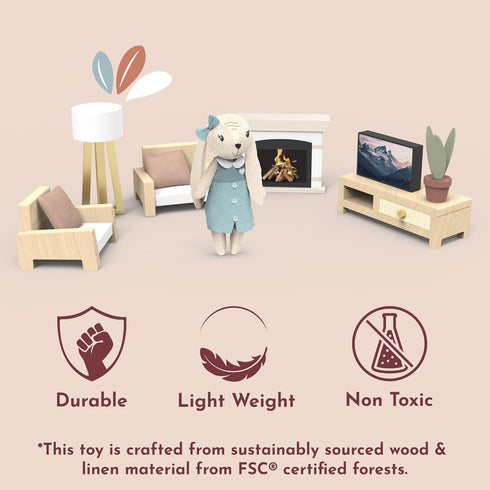 Cozy Playset SPEEDY MONKEY Dollhouse Living Room with Bunny Miniature FSC Wooden Furniture Sofa, TV Pretend Play Fully