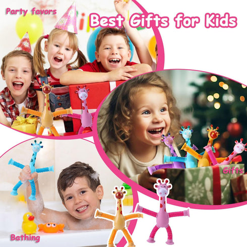 Telescopic Suction Cup Giraffe Toy, 4 Packs Pop Tubes Giraffe Fidget Toys, Educational Sensory Toy for Toddlers Travel