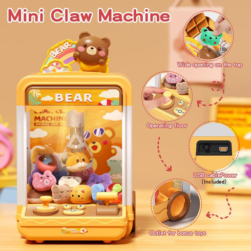 Bear Kids Claw Machine, Mini Candy Vending Grabber with Lights and Sound, Includes 10 Plush and 10 Mini Toys