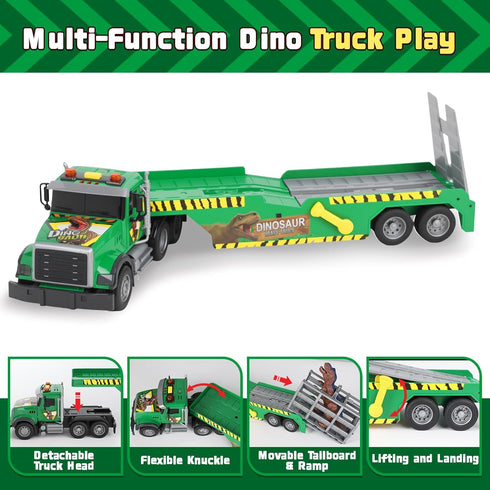 3 4 5 6+ Kids Dinosaurs Semi Trailer Truck Toys, Large Semi Flatbed Truck Toy with Helicopter and Dinosaurs, Lights