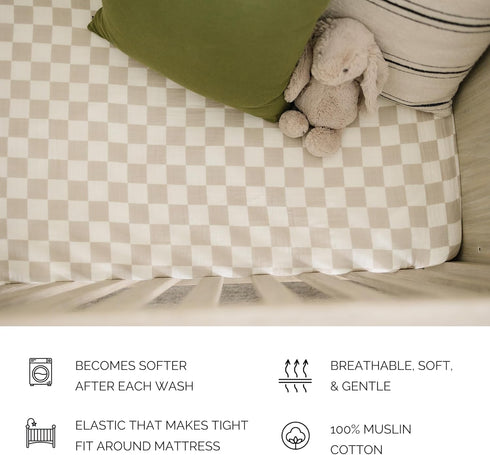 Taupe Checkered Muslin Crib Sheet by Mebie Baby, Soft and Breathable Bed Sheets for Babies, Modern Neutral Bedding
