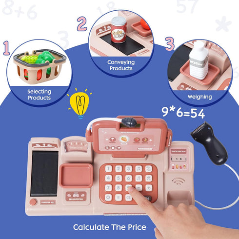 Count 3 4 5 6 7 8 Pretend Play Calculator Cash Register Toy with Sound,Microphone,Scanner,Credit Card and Conve Belt
