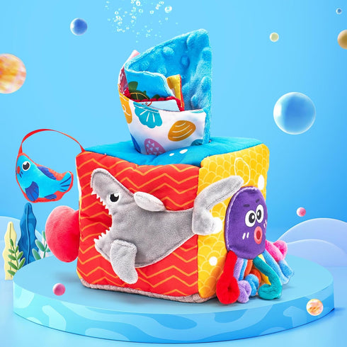 hahaland Baby Tissue Box Toy - Montessori Toys for 6-12 Months, Textured Tails, Cloth Tissues, Crinkle, Squeaky Sounds,