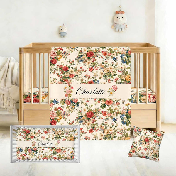 COWSROCK Personalized Baby Girl Crib Bedding Set with Name, Floral Nursery Bedding, 3