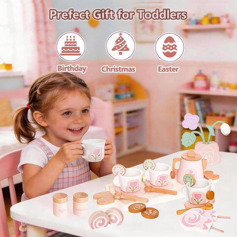Set Set 26 Set 3-5 Wooden Tea for Little Girls, Pretend Play Tea Party Toy with PCS Play Kitchen Accessories, Princess