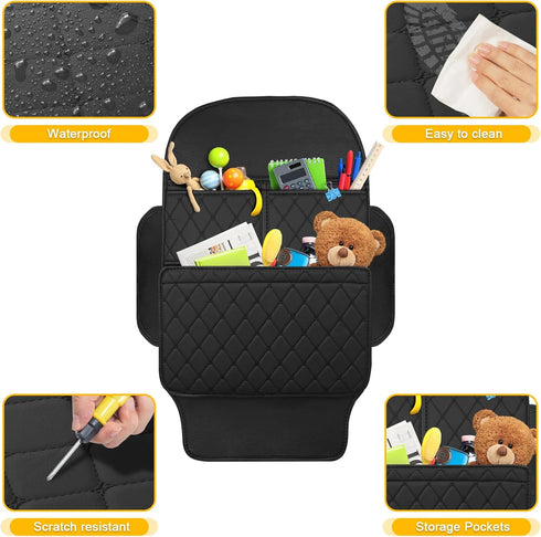 LCMWHOP Seat Back Protector - Leather Kick Mat with Storage Pockets, Front & Back Seat Cover for Kids -Large Capacity