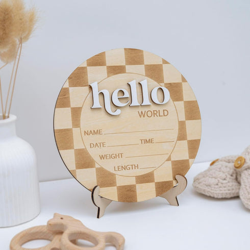 TTMerriwood 6.5 Inch Baby Announcement Sign Wooden Hello World Newborn Welcome Sign Birth Name (Checkered)