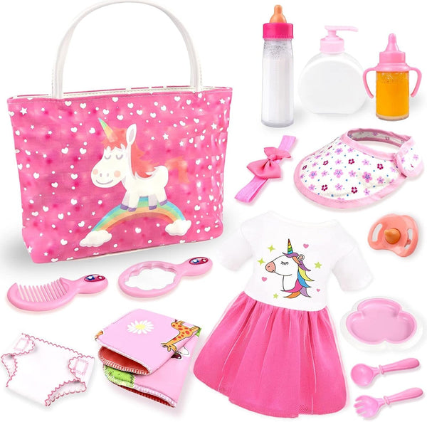 BNUZEIYI Baby Doll Accessories - Feeding & Caring Set with Diaper Bag & Bottles for Girls, Fits 14-16 Inch & 18 Inch