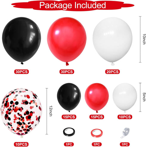 130PCS Red Black White Balloon Garland Arch Kit, 12 10 5 inch Balloons with Confetti for Baby Shower and Wedding