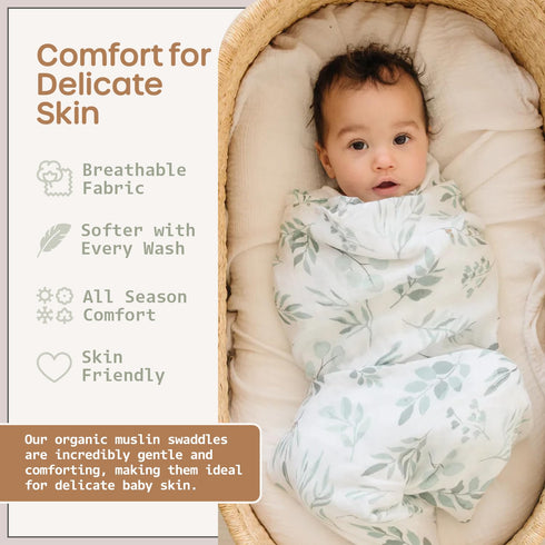2 Pack 47" 47" Organic Baby Muslin Swaddle Blankets for Boy or Girl - Eucalyptus Leaves and Sage Swaddling Blanket