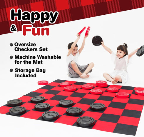 Jumbo Checkers Set with Storage Bag, 58 Inch Mat for Outdoor & Indoor Play, Backyard Board Games for Kids Ages 5-8,