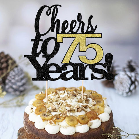 LVEUD Black Font Golden Numbers Cheers to 75 Years Happy Birthday Cake Topper - Wedding, Anniversary Decorations