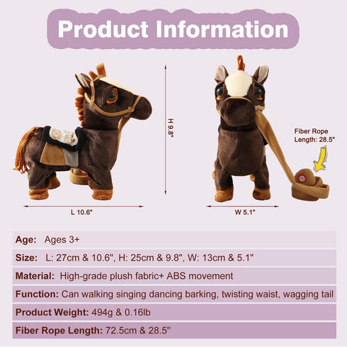 Marsjoy 3+ 11.81" 3+ Black Walking Pony Toy Musical Singing Dancing Plush Interactive Walk Along Toy Horse with Leash