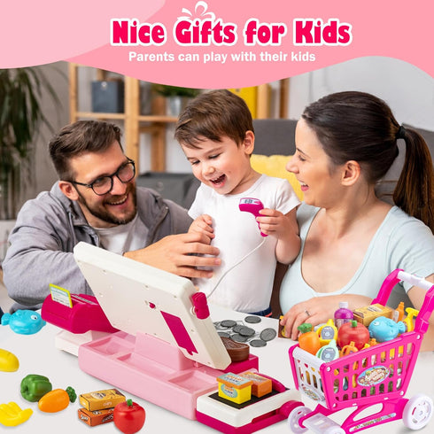 Kids Cash Register Toy with Shopping Cart - Toddler Pretend Play Store Cashier Register with Music and Calculator