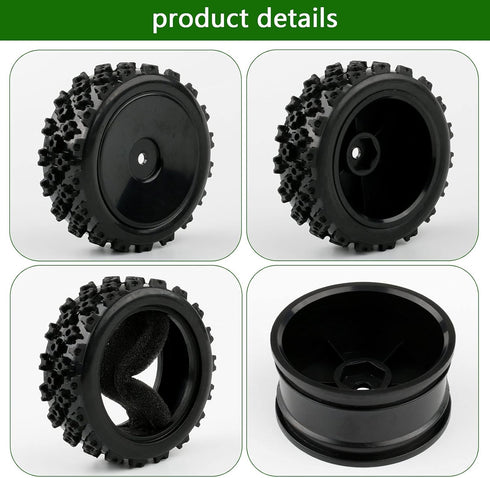 4 Pcs 1/10 On-Road Wheels and Tires, 12mm Hex Black Hard Dish Wheel and Rally Block Tyre for Street Racing