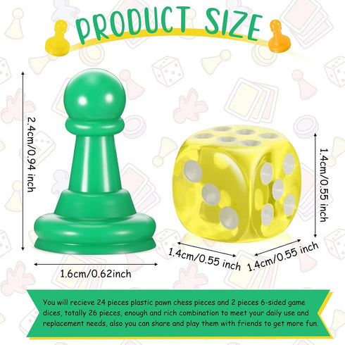 26 Pieces Multicolor Board Game Components, Includes 24 Plastic Pawn Chess Pieces and 2 Plastic 6-Sided Dice