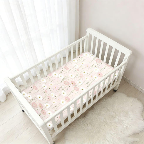 miaozhen 1 Pack 52x28 Cotton Baby Crib Sheets for Boys Girls Soft Comfy Naughty Grassland Floral Pink Playard Mattress