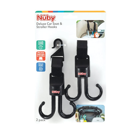 Nuby 2-in-1 Deluxe Adjustable Baby Stroller & Car Seat Hooks, 2 Pack, 8 Hooks Total, Black